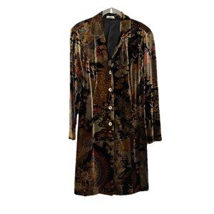 1990s Y2K CLIO Velvet PEACOCK DUSTER Tunic Dress Bridge Motif Button Front S
